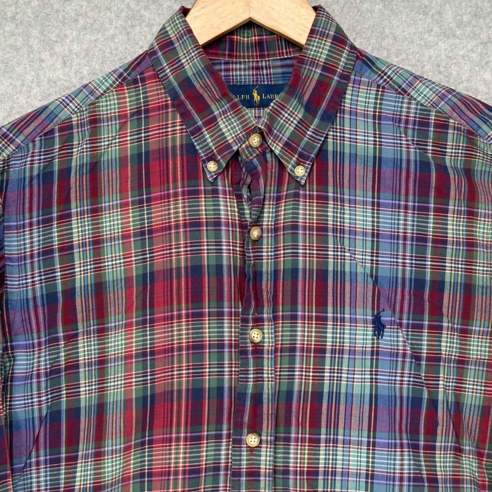 Ralph Lauren Men Large Plaid Button Down Shirt Long Sleeve Cotton Red Green Blue